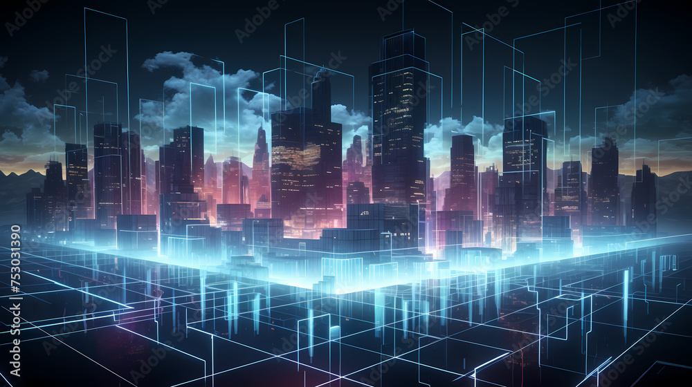 Smart city on background, featuring smart infrastructure and connected buildings Smart city on background, featuring smart infrastructure and connected buildings