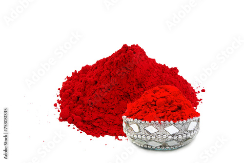 kumkum powder in silver bowl use for indian traditional god worship and applying a bindi(mark) on forehead of woman for good luck,cutout transparent background,png format photo