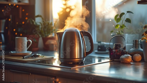Modern electric kettle boiling water on a sleek kitchen countertop