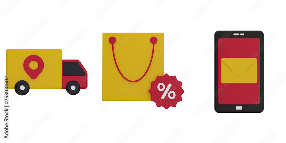 3d Delivery Location, Shopping Discount, Mobile Email. 3d render icon pack. high quality render