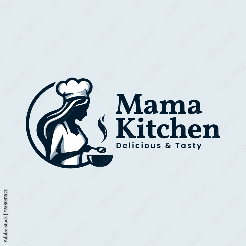 Obraz premium Female Chef Logo. Beauty woman use uniform in Kitchen. Vector Illustration Design. Perfect for T-shirt, Emblem, Business, Fast Food, Culinary Brand, Restaurant, Catering, Food and Beverages, dish
