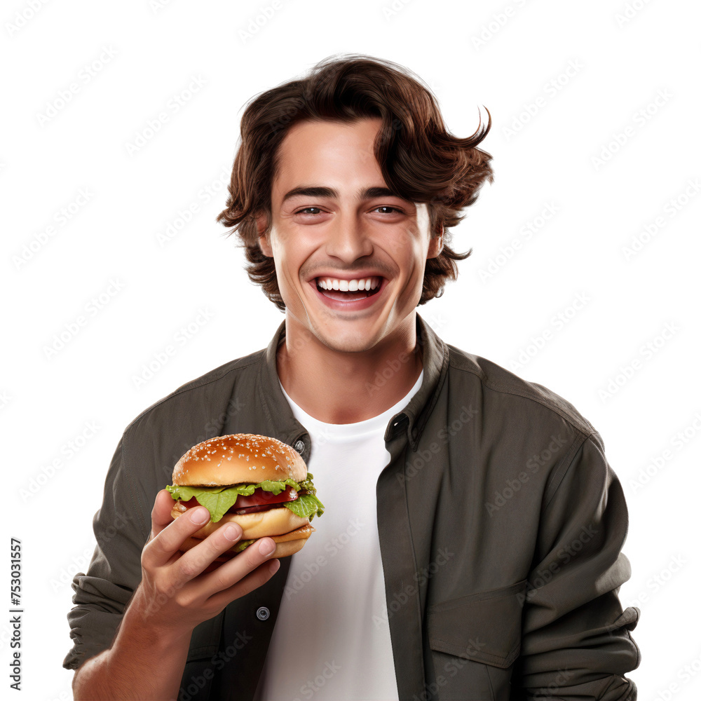 Happy smiling young man holding a hamburger to eat, isolated on transparent background Happy smiling young man holding a hamburger to eat, isolated on transparent background