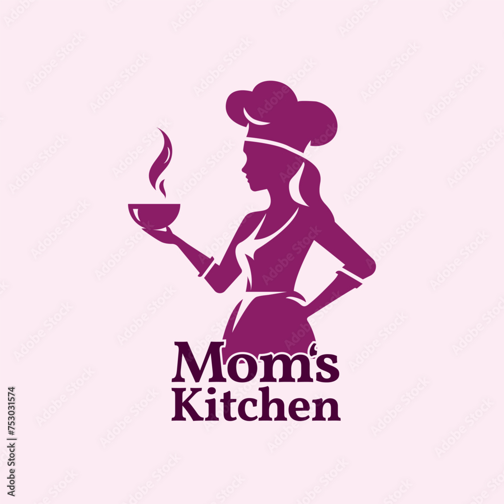 Moms Kitchen Logo. Culinary Charm with a Cooking Lady in Vivid Violet. Suitable for kitchen logo or fire bakery logo. Editable Colors