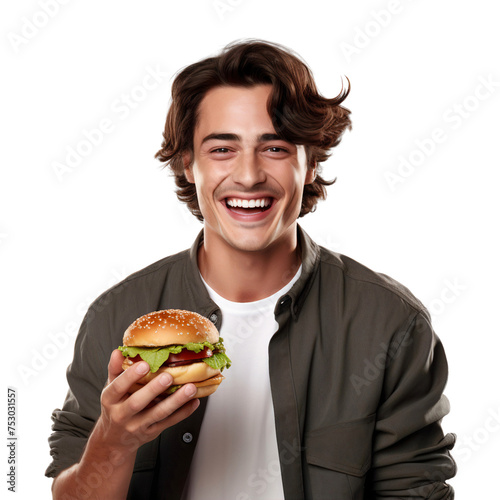 Happy smiling young man holding a hamburger to eat  isolated on transparent background
