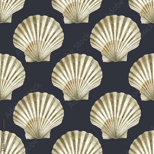 Seamless pattern of watercolor Seashell. Hand drawn illustration of sea Shell on dark background. Colorful drawing of Scallop. Ocean Cockleshell marine underwater. For print decoration, fabric, wrapp