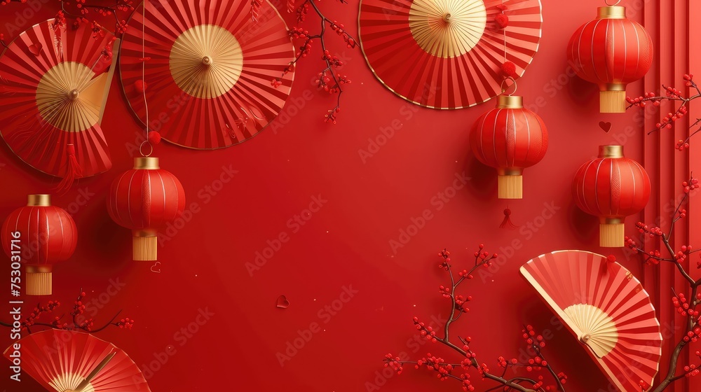 Chinese New Year Festive Red Background with Decorations