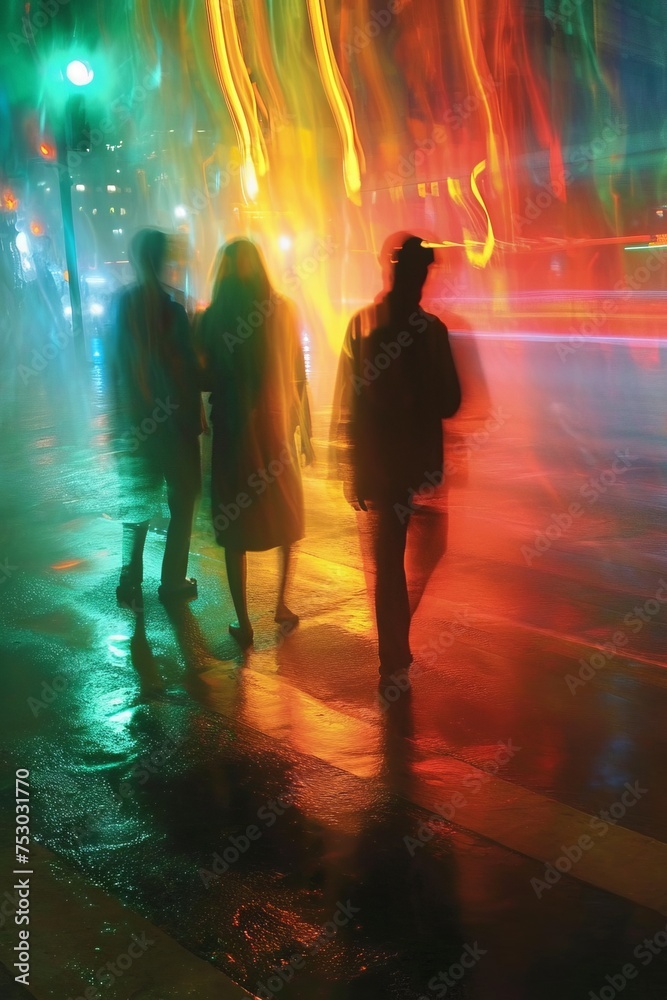Pedestrians engulfed in vivid light trails on a city street at night