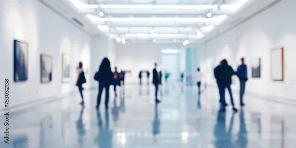 A group of people are walking through a museum, looking at the paintings