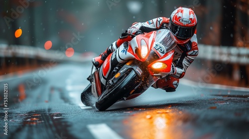 Motorcycle Racer Cornering in Rain on Road