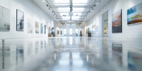 A large  empty room with white walls and a large white floor of exhibition gallery