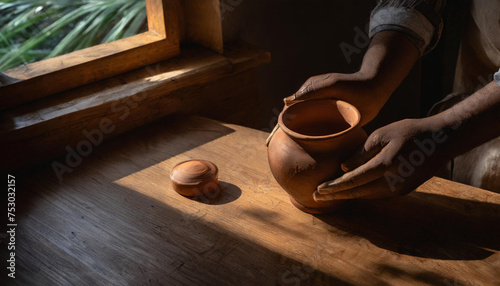potter working with mud and clay on potter's wheel