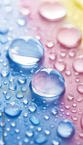 Vibrant water droplets sparkling on colorful wet surface close up macro background view