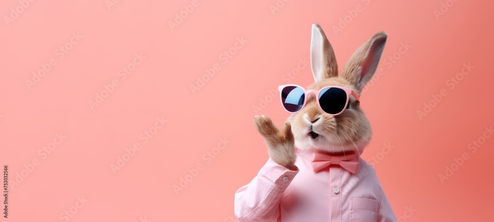 Funny easter animal pet greeting card banner - Easter bunny rabbit with sunglasses, pink shirt and bow tie , bunny blowing someone a kiss, paw up, isolated on apricot pink background Funny easter animal pet greeting card banner - Easter bunny rabbit with sunglasses, pink shirt and bow tie , bunny blowing someone a kiss, paw up, isolated on apricot pink background