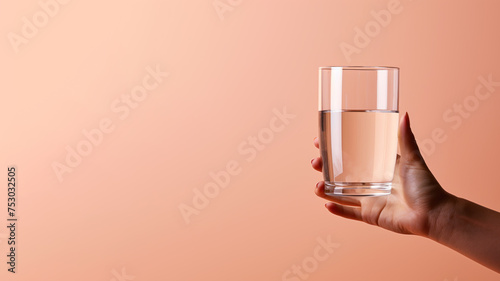Hand holding a glass of water isolated on pastel background