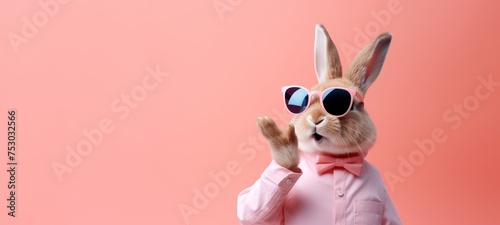 Funny easter animal pet greeting card banner - Easter bunny rabbit with sunglasses, pink shirt and bow tie , bunny blowing someone a kiss, paw up, isolated on apricot pink background