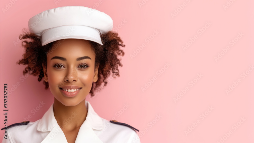 Afro woman in cruise ship staff uniform isolated on pastel background Afro woman in cruise ship staff uniform isolated on pastel background