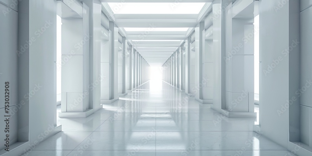 A long, narrow hallway with white walls and white flooring A long, narrow hallway with white walls and white flooring