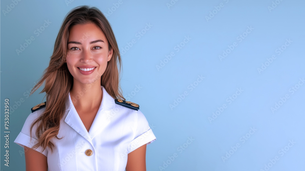 Hispanic woman in cruise ship staff uniform isolated on pastel background Hispanic woman in cruise ship staff uniform isolated on pastel background