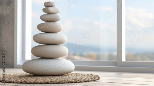 Zen Stone Tower on a Mat in Peaceful Room with Nature View