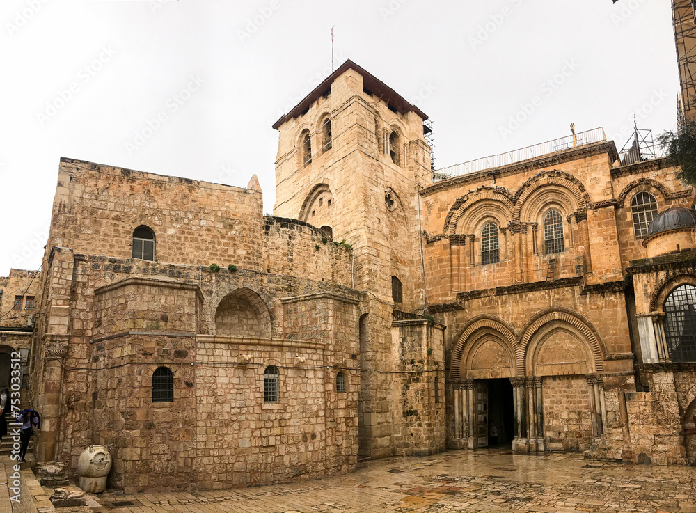 Entrance to the Church of the Holy Sepulcher (Latin: Ecclesia Sancti Sepulchri) on a rainy day