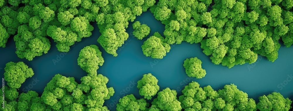 Aerial View of River Winding Through Lush Forest Aerial View of River Winding Through Lush Forest