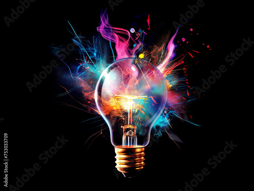 Light bulb explodes with colorful electric light.