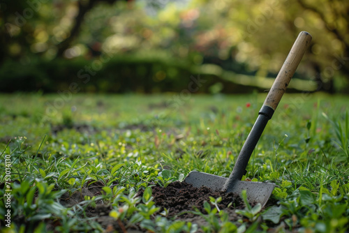 Garden Shovel Embedded in Fertile Soil with Lush Greenery