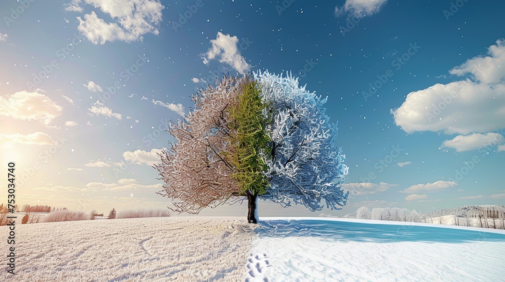 Seasonal transition  winter white and summer green tree outdoors, global warming ecology concept.