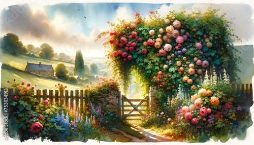 Watercolor of flower-covered wall or fence in the countryside
