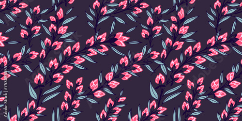 Colorful creative blossoms floral stems seamless pattern on a dark background. Abstract art branches with tiny leaves, flowers buds printing. Vector hand drawn. Template for designs, fabric, textiles