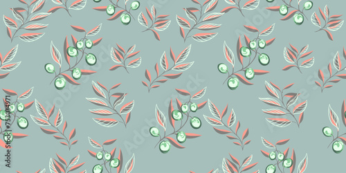 Mint seamless pattern with creative tiny branches, shapes olives berries. Vector hand drawn. Simple pastel green background with abstract leaves stems. Template for designs, textile, fabric, printing