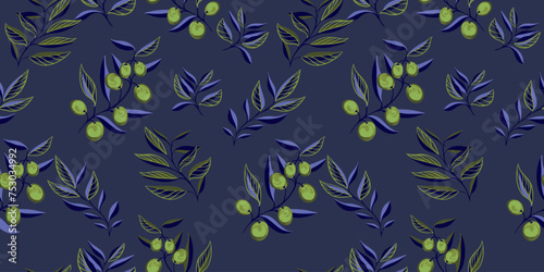 Creative branches with tiny leaves, shapes olives berries seamless pattern. Abstract leaf stem printing on a dark blue background. Vector hand drawn. Template for designs, textile, fabric