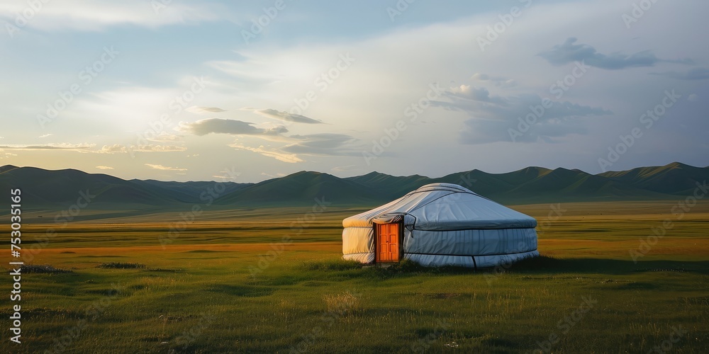 Peaceful Mongolian Yurt at Sunset in the Steppe