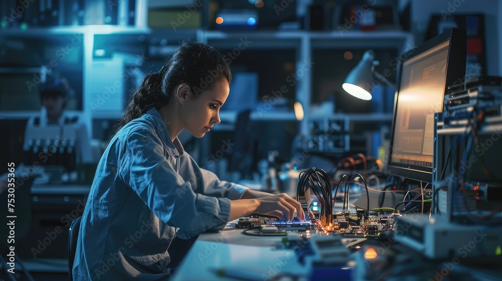 Female Engineer Working on Circuit Board in Lab Female Engineer Working on Circuit Board in Lab