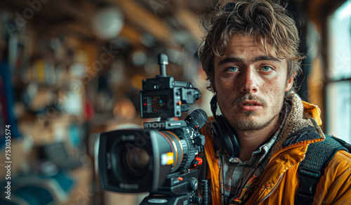 Documentary Filmmaker at Work.
Intense male filmmaker with camera gears in a rustic workshop setting.