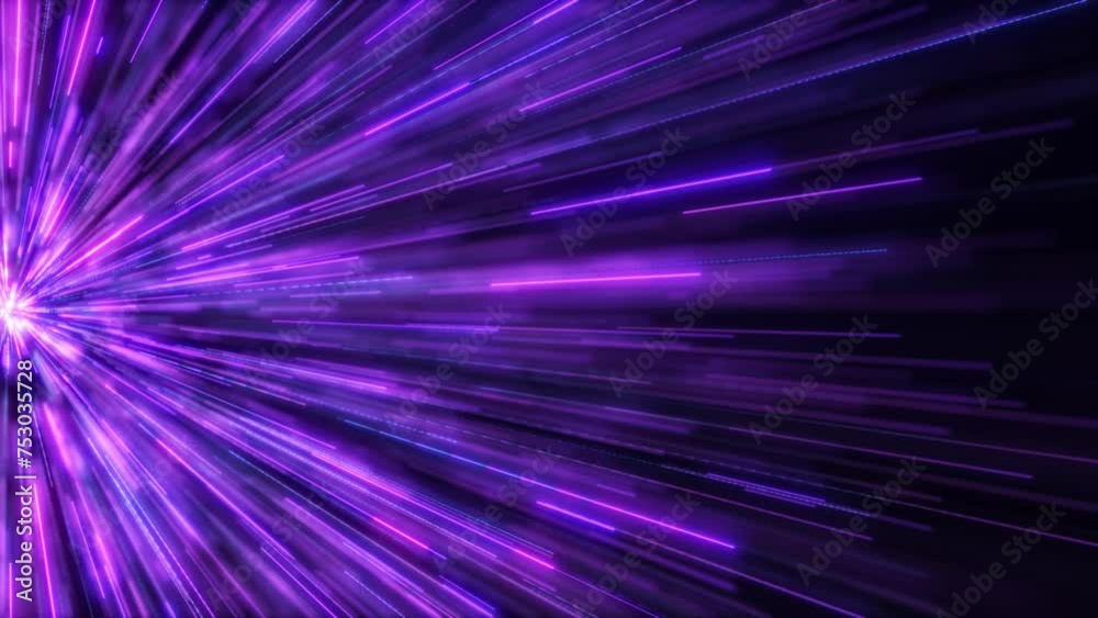 Abstract colorful background with glowing neon particles flying to the side. movement of a stream of glowing bright lines of particles. Seamless loop abstract background.