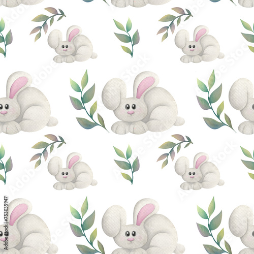cute watercolor childish seamless pattern with funny rabbit, tree branches on transparent background. gentle Wallpaper print with forest animal, plants for nursery