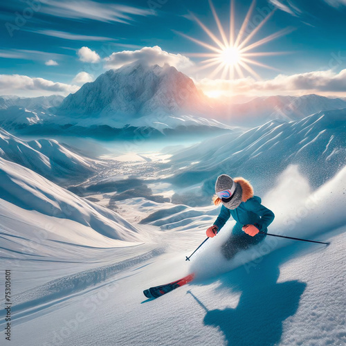 Skier skiing downhill in high mountains at sunny day. 3D rendering