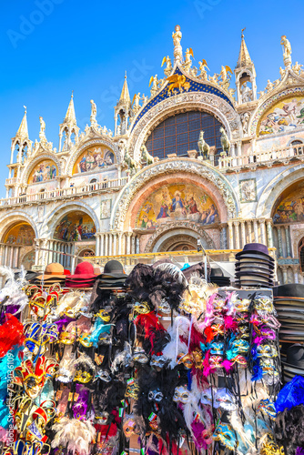 Basilica of Saint Mark and carnival stand in Venice view