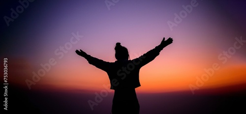 Silhouette Cheering Hiking Woman Open Arms Sunrise Stand Mountain Travel Lifestyle Wanderlust Adventure Concept Summer Vacations Outdoor