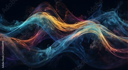 Abstract background of technology particles with dynamic motion and vivid colors  close-up of blue and orange smoke  waves of neon smoke on a black background  Waves in blue and purple in a fuzzy pic