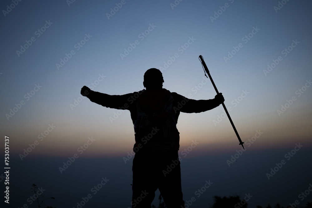 Silhouette Cheering Hiking Man Open Arms Sunrise Stand Mountain Travel Lifestyle Wanderlust Adventure Concept Summer Vacations Outdoor