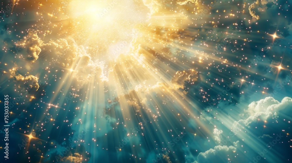 God light in heaven symbolizing divine presence. Light beams blessing world with heavenly light. - obrazy, fototapety, plakaty 