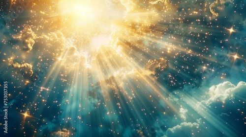 God light in heaven symbolizing divine presence. Light beams blessing world with heavenly light. photo