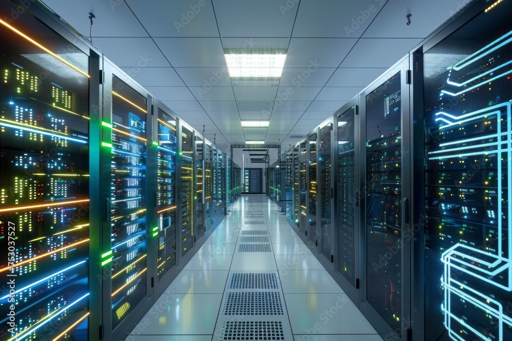 Brightly lit data center with reflective floor and colorful server indicators.