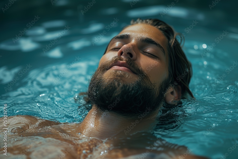 A man with a beard floats on his back, relaxing in the cold water. Ice bath concept, ice therapy, cold therapy