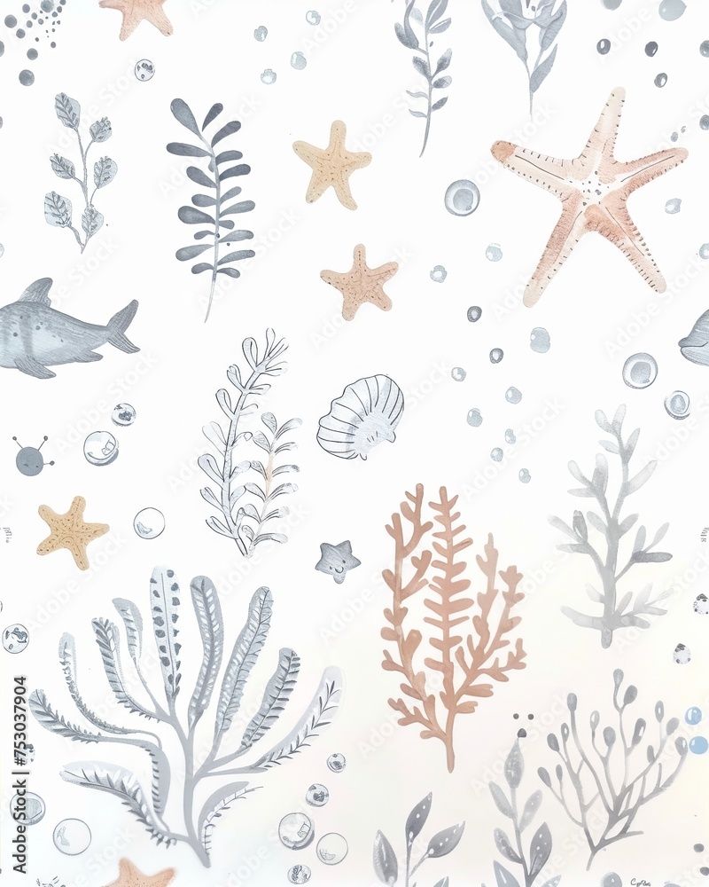 Seamless marine pattern with watercolor illustrations of sea life, including fish, starfish, seashells, and aquatic plants on a white background
