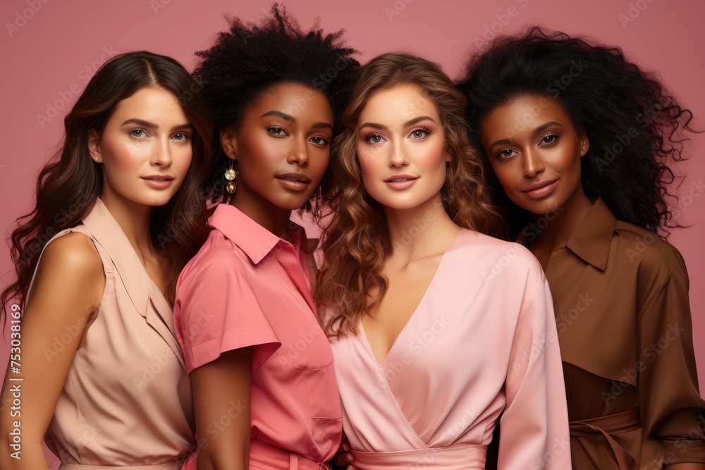 Fototapeta premium Group of diverse young women with natural beauty on pink background
