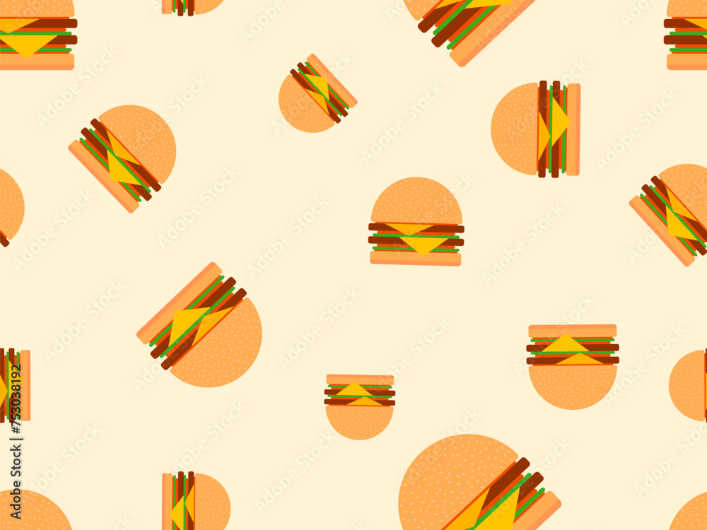 Hamburgers seamless pattern. Cheeseburgers and hamburgers in flat style. Cheeseburger with two cutlets. Bun with sesame seeds, cutlet, cheese and sauces. Design for wallpaper. Vector illustration