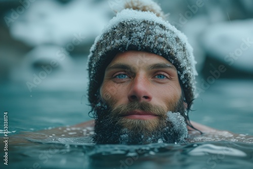 A man bathes in icy water, with snow and ice on his beard and hat. Winter bathing concept, Wim Hof method, healing ice baths, ice therapy © ArtMajestic